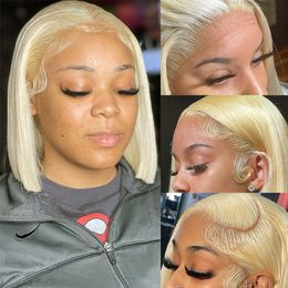 Luvin 250% Coloured 613 Honey Blonde Short Bob Wig 613 Straight 13x4 Human Hair Wig 13X6 Transparent Lace Frontal Wigs For Women