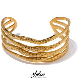 Bangle Yhpup Statement Metal Layered Geometric Stainless Steel Pvd Gold Colour Texture Bracelet Bangle Exclusive Personalised Jewellery 230606