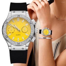 Wristwatches Luxury Ladies Brands Watches Fashion With Diamonds Studs Yellow Design Women Quartz Watch Black Silicone Strap Dresses Clock