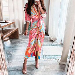 Casual Woman Kleid Sommer Elegant Button Riched Verband Hemd Kleider Mode Kurzarm Videm V Hals Beach Maxi Designer Bluse