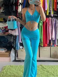 Women's Two Piece Pants ALLNeon Y2K Streetwear Sexy Bandage Blue Co-ord Suits 2000s Fashion Drawstring Halter Top and High Waist Flare Pants 2 Piece Set J230607
