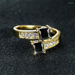 Wedding Rings Luxury Female Crystal Square Thin Ring Charm Gold Colour Engagement Dainty Black Zircon Stone For Women