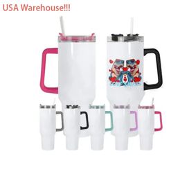 US Warehouse! Sublimation 40oz White Tumblers With Handle Steel Double Wall Insulated Travel Mugs Without Silver Line A0121