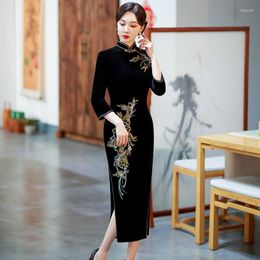 Ethnic Clothing Black Velour Vintage Button Qipao Lady Print Chinese Style Cheongsam Mandarin Collar Prom Party Dress Gown Sexy Autumn