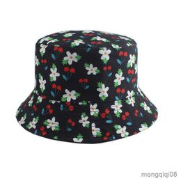 Wide Brim Hats Cherry Flower Design Bucket Hat Women Fashion Summer Sun Reversible Bob Floral Men Fisherman Cap R230607