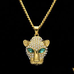 Pendant Necklaces New Fashion Hip Hop Mens Gold Plated Bling Green Diamond Eyes Leopard Cuban Chain Necklace Cartoon Animal Jewellery Dhbt2