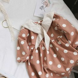 Girl's Dresses Girls Scarf Collar Dot Dress Spring And Autumn New Children's Cotton Long-Sleeve Casual Pleated WTA27