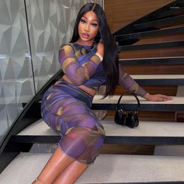 Work Dresses Sheer Mesh Sexy Two Piece Women Skirts Sets 2023 Summer Outfits Print See Through Long Sleeve Crop Top And Skirt Ladies