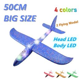 Diecast Model 50CM Big Foam Plane Flying Glider Toy With LED Light Hand Throw Airplane Outdoor Game Aircraft Toys for Children Boys Gift 230605