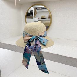 Fashion Women Straw Hat Luxury Exquisite Silk Scarf Wraped Hats Outdoor Sunshade Bucket Shaped Caps Pink Blue Two Styles Available