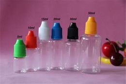 Top Plastic eliquid Bottle 5ml 10ml 15ml 20ml 30ml PET Child Proof Bottles Long and Thin Tips Free DHL