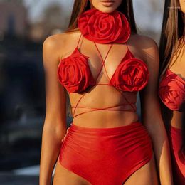 Women's Tracksuits Appliques Red Matching Set Beachwear Bikini Floral Two Pieces Sets Women Summer Holiday Outfits Strapless Crop Top Shorts