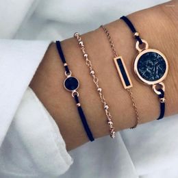 Charm Bracelets Boho Round Marble Bracelet Set For Women Geometric Black String Rope Chain Bangle Female Bohemian Jewellery Gift