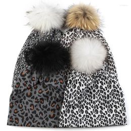Berets Women Hip Hop Fashion Leopard Print Warm Caps Dot Spring Baggy Beanies Skullies Hats With 15cm Natural Raccoon Fur Pompom