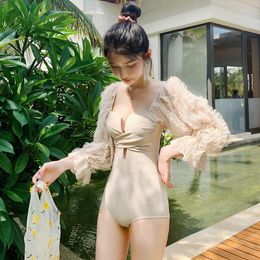 Women's Swimwear Ladies Monokini Spring El Resort Swimsuit Siamese Triangle Lace Long Sleeve Sexy Beauty Back Fairy Fan Dress