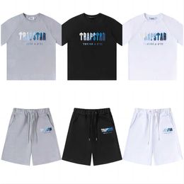 Summer White Blue Embroidery Fashion Casual Loose Round Neck Trapstar Short Sleeve T-shirt Capris Shorts Men's and Women's Sports Set shirt