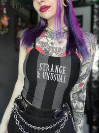 T-Shirt Fashion Sexy Striped Alt Camis Women Letter Embroidery Backless Crop Top 2000s Goth Chic Y2K E Girl Grunge Aesthetic Camisole