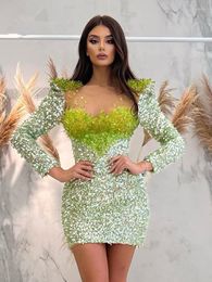 Casual Dresses Women Summer Sexy Long Sleeve Glitter Beading Crystal Green Mini Bodycon Custome Dress 2023 Elegant Evening Party Club