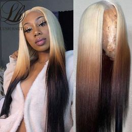 13X4 Straight Lace Wigs Coloured Synthetic Brown Wig Blonde 613 Roots With Black Ends Transparent Lace Wig Cosplay Wigs 230524