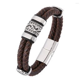 Charm Bracelets Design Vintage Men Jewellery Brown Double Braided Leather Bracelet S.Steel Punk Bangle Man Accessories Gift SP0377