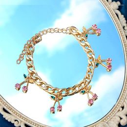 Link Bracelets 2023 Fashion Sweet Cherry Crystal Pendant Bracelet For Women Gold Silver Colour Metal Cuban Design Jewellery Gift