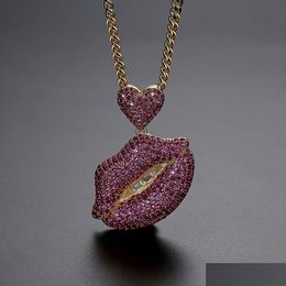 Pendant Necklaces Hip Hop Fl Red Zircon Shining Lips Necklace Gold Plated Bling Mens Rap Jewelry Drop Delivery Pendants Dhp5S