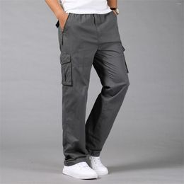 Men's Pants Mens Cotton Pocket Solid Elastic Waist Overall