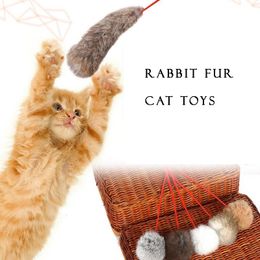 5pcs Created Pet Products Natural Cat Toy Real Rabbit Fur Toy For Cat 2 Styles 3 Colours for choose Furry Funny Cat Stick
