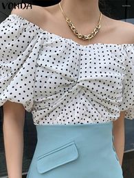 Women's Blouses VONDA Women Elegant Polka Dot Off Shoulder Tops 2023 Fashion Blouse Summer Short Sleeve Shirts Vintage Print Blusas