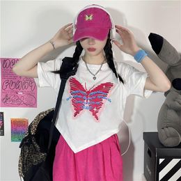 Women's T Shirts Y2k Style Girl Butterfly Print Short Sleeve Tshirt Female O Neck Irregular Length Black White Shirt Summer Korean Harajuku