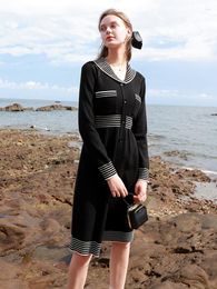 Casual Dresses Vintage Sailor Collar Knitting Striped Long Sleeve Women Knitted Elegant Button Sweater Midi Dress Spring 2023