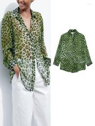 Women's Blouses Fashion Green Leopard Printing Long Sleeve Women's Shirt Turn Down Collar Single Breasted 2023 Summer Causal Female Tops