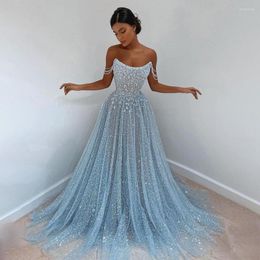 Party Dresses Jewellery Off The Shoulder Scoop Neck Glitter Crystals Bling Prom Dress Sexy Blue Tulle Evening Vestidos De Fiesta Elegantes