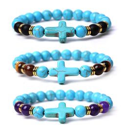 Summer Style Cross Beads Bracelets Classic 8MM Turquoise Natural Stone Elastic Friendship Bracelet Beach For Women Men Jewelry MKI