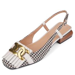 Sandals Dilalula 2023 Retro Style Female Summer Fringe Ladies Low-heeled Square Covered Toe Plaid Metal Decoration Woman SandalsSandals