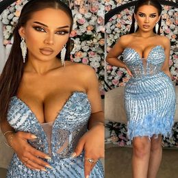 2023 Sky Blue Sheath Graduation Dress Feather Fjäder SEBRED SOSH CORT MINI HOMECOMING Party Formell Cocktail Prom Gowns Dresses ZJ420