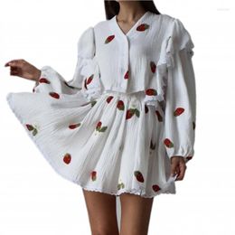 Ethnic Clothing Summer Fashion Cotton And Linen Ruffled Long Sleeve V-neck Top Strawberry Print Short Skirt 2 Pieces Set Street Girls's