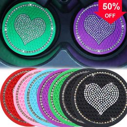 New Car Diamond Inlaid Water Cup Pad Heart Shape Non-Slip Mat Silica Pad Cup Holder Mat Gadget Auto Interior Decoration Accessories