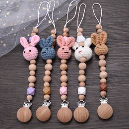 Mobiles# Baby Beech Handmade Teether Pacifier Chain Cartoon Rabbit Wood Clips Nipple Clip Teething Chew Toys 230607