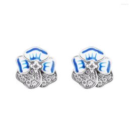 Stud Earrings Blue Pansy Flower 2023 Spring Sterling Silver Jewellery For Woman DIY Earring Wedding Party Accessories