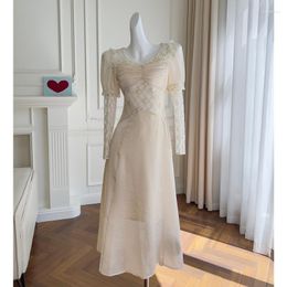 Casual Dresses French Royal Style Elegant Beige Lace Patchwork Frilly V Neck Long Sleeve Ankle Length A Line Maxi Dress