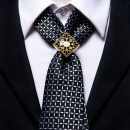 Neck Ties Hi-Tie Luxury Gold Ring Black Men's Tie Set Plaid Silk Ties For Men Fashion Design Hanky Cufflinks Set Wedding Quality Necktie 230607