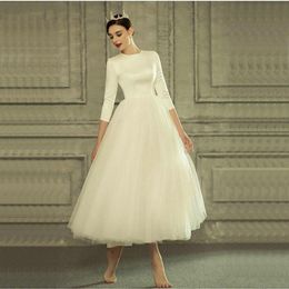 Vintage 50s Tutu Wedding Dress 3 4 Sleeves Fancy Tulle Tea Length Short Bridal Gowns vestido de noiva Customize Plus Size 2020321H