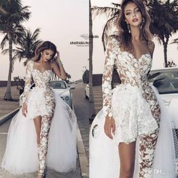 Outdoor 2020 Beach Jumpsuits Wedding Dresses With Detachable Skirt Country Garden Lace Appliqued Bridal Gowns Long robe de mariee 2051