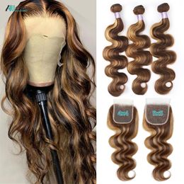 Volumes de cabelo 5x5 fechamento com feixes feixes de destaque com fechamento transparente P427 ombre mel loiro corpo onda feixes com fechamento 230607