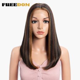 Synthetic Lace Wigs For Black Women Straight Bob Lace Wig Highlight Brown Piano Colour Cosplay Wigs Heat Resistant 230524