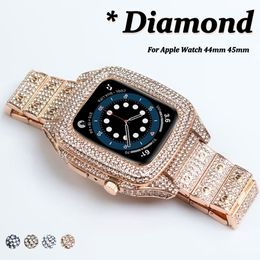 Luxury Metal Diamond Straps Protective Case Mod Kit Integrated Flash Drill Cover Watchband Bracelet Wrist Band Strap For Apple Watch Series 6 7 8 44mm 45mm