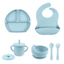 Cups Dishes Utensils 5PCS Silicone For Baby Feeding Set Sucker Bowl Plate Cup Bibs Spoon Fork Items Safe Dining Children Tableware 230608