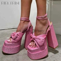 Sandals RIBETRINI Luxury Bow Ankle Strappy Super High Heels Glitter Bling Sequin Open Toe Sandals For Women Party Wedding Shoes Design J230608