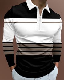 Men's Casual Autumn Long Sleeve Polo Shirts Men Zip Tee Shirt Men Tops Street Golf Clothing Male Striped Print Clothes